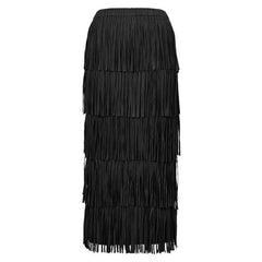 Retro Gatsby Solid Color High Waist Layered Tassel Pleated Midi Skirt