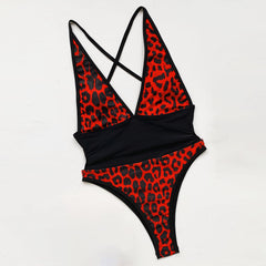 Retro Leopard High Cut Low Back Deep V Brazilian One Piece Swimsuit