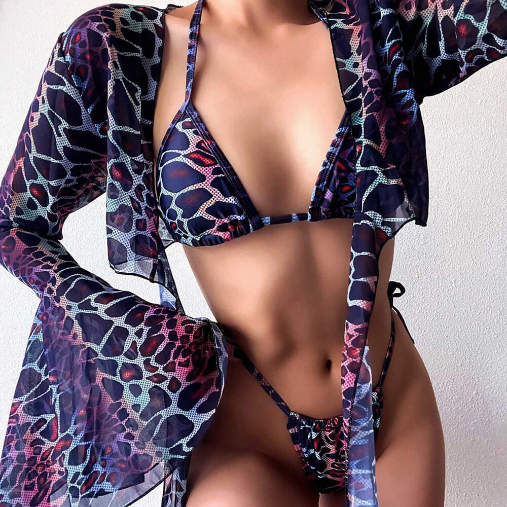 Traje de baño bikini brasileño de tres piezas con estampado retro