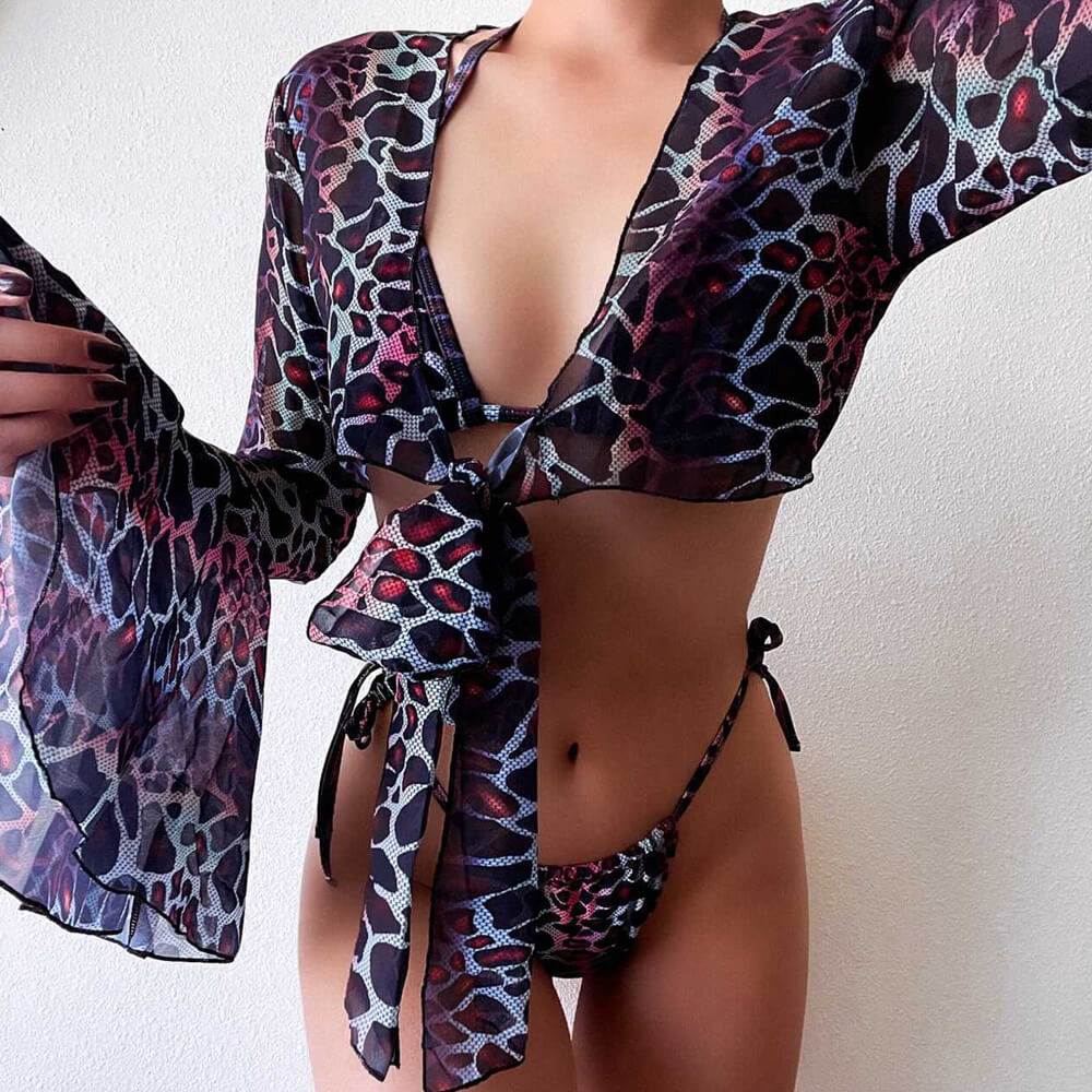 Traje de baño bikini brasileño de tres piezas con estampado retro