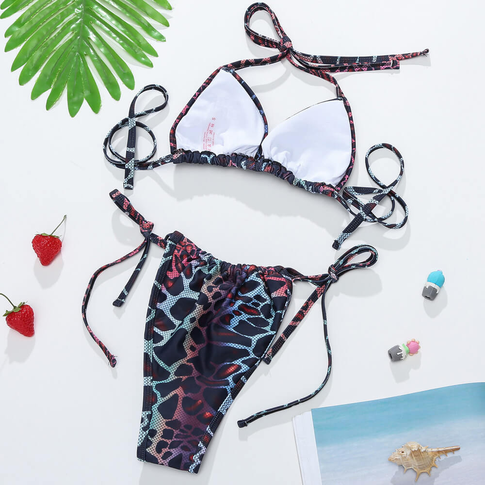 Brasilianischer dreiteiliger Bikini-Badeanzug mit Retro-Print und Schieber-Triangel