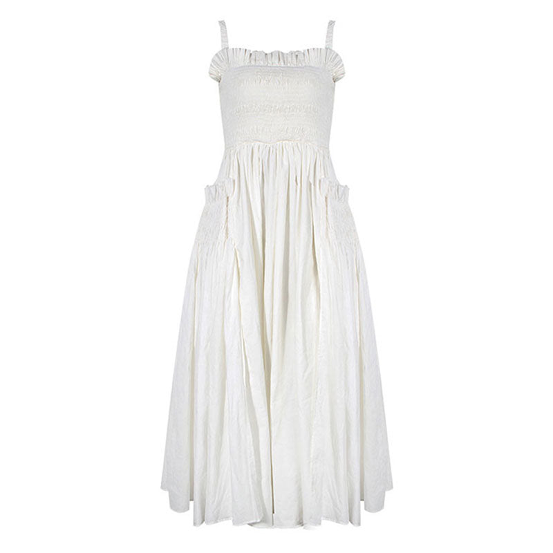 Retro Rüschenbesatz Gesmoktes Strumpfhalter-Fit und Flare Midi Sommerkleid