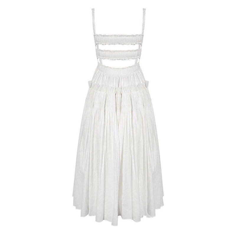 Retro Rüschenbesatz Gesmoktes Strumpfhalter-Fit und Flare Midi Sommerkleid