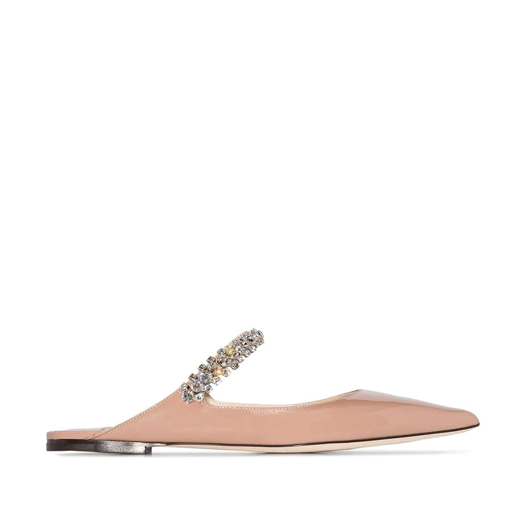 Rhinestone Strap Pointed Toe Patent Leather Flat Mules - Apricot