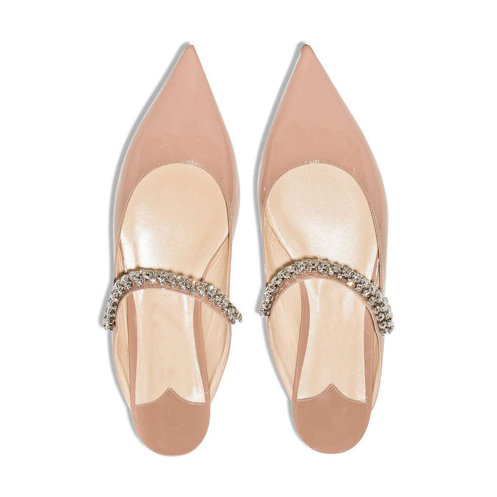 Rhinestone Strap Pointed Toe Patent Leather Flat Mules - Apricot