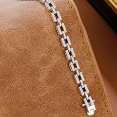 Rhodium Plated Sterling Silver Moissanite Paved Tank Chain Bracelet