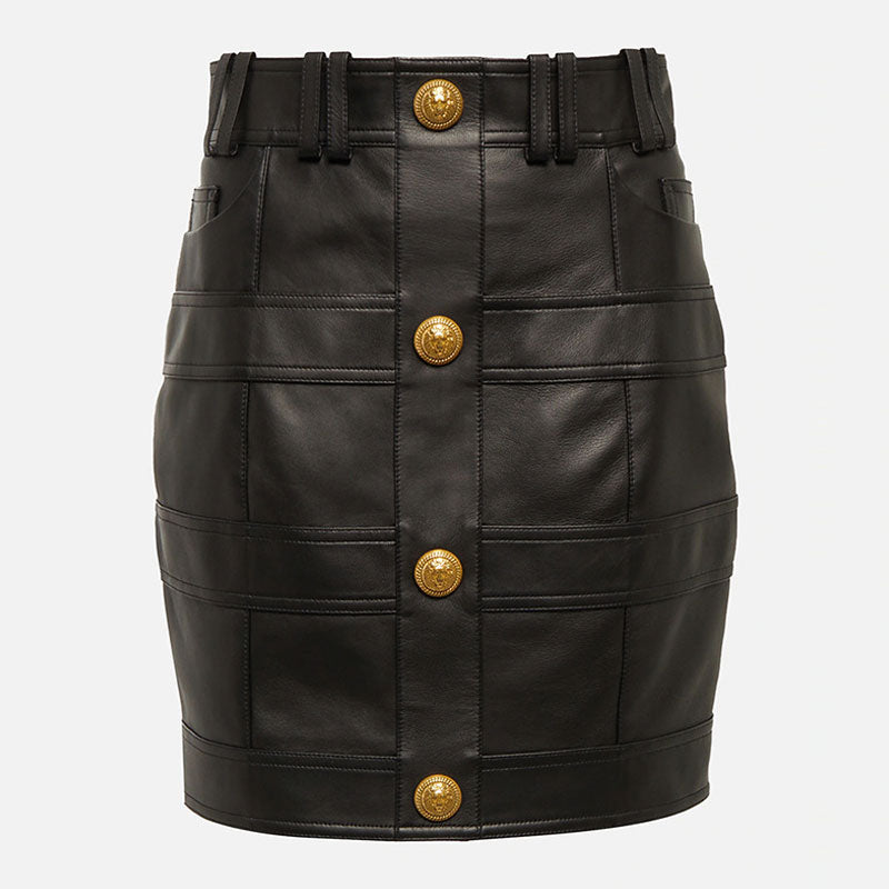 Ritzy High Waist Golden Tone Button Bodycon Vegan Leather Mini Biker Skirt