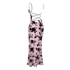 Romantic Floral Print Cowl Neck Cami Lace Up Open Back Maxi Dress