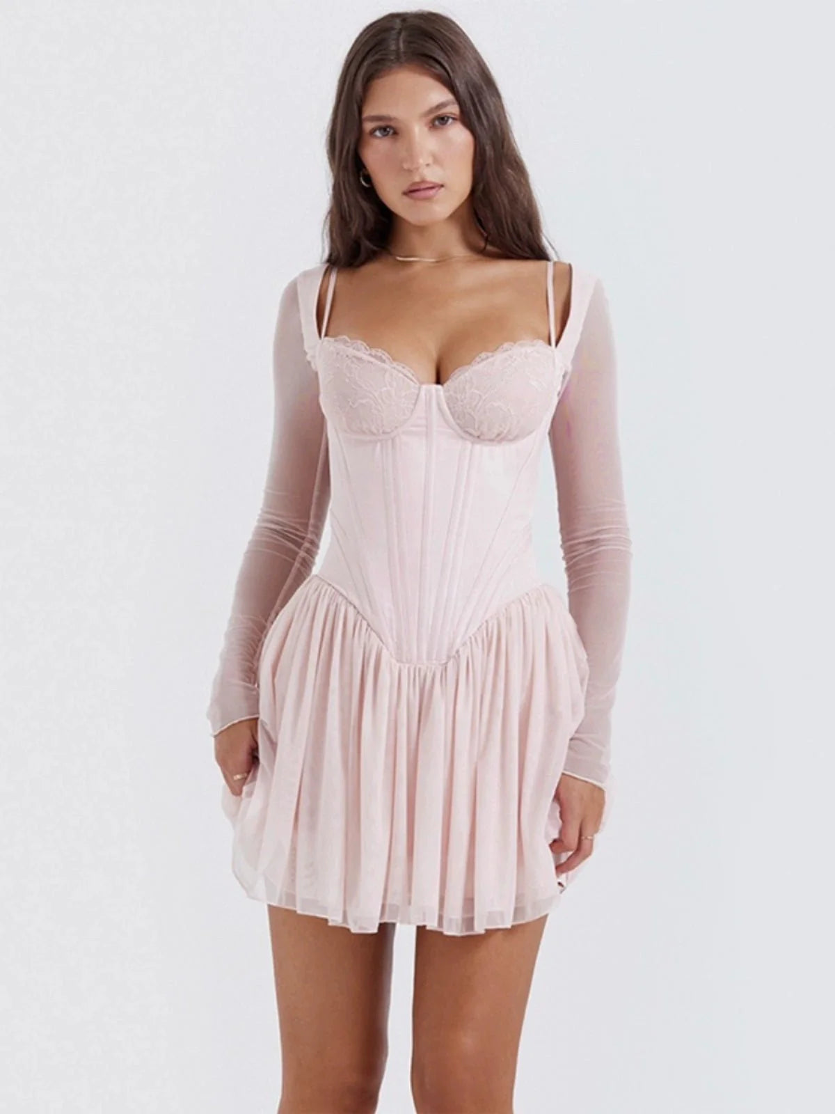 Vestido romántico de malla con escote corazón y manga larga - Vestido rosa ajustado de corte A para mujer