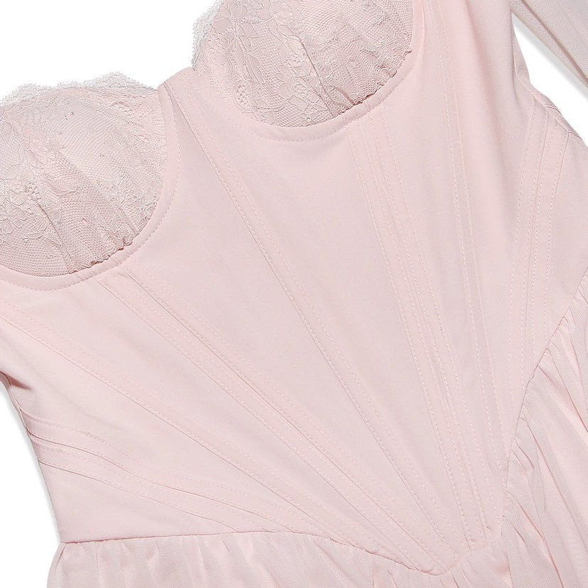 Vestido romántico de malla con escote corazón y manga larga - Vestido rosa ajustado de corte A para mujer