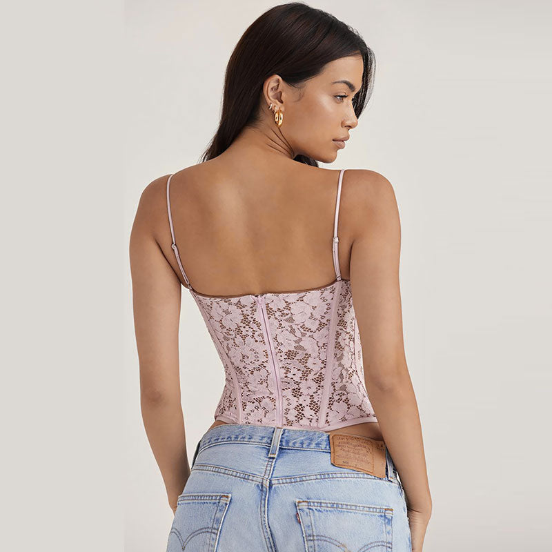 Top corto con corsé de encaje floral y tirantes finos con escote romántico en forma de corazón - Rosa