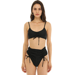 Ruched Drawstring High Waist Thong Bralette Brazilian Two Piece Bikini Swimsuit