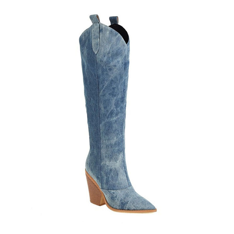 Sassy Kniehohe Westernstiefel aus Denim mit spitzer Zehenpartie und kubanischem Absatz - Blau