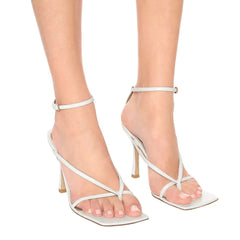 Seductive Thong Strap Faux Leather Square Toe Stiletto Sandals - White