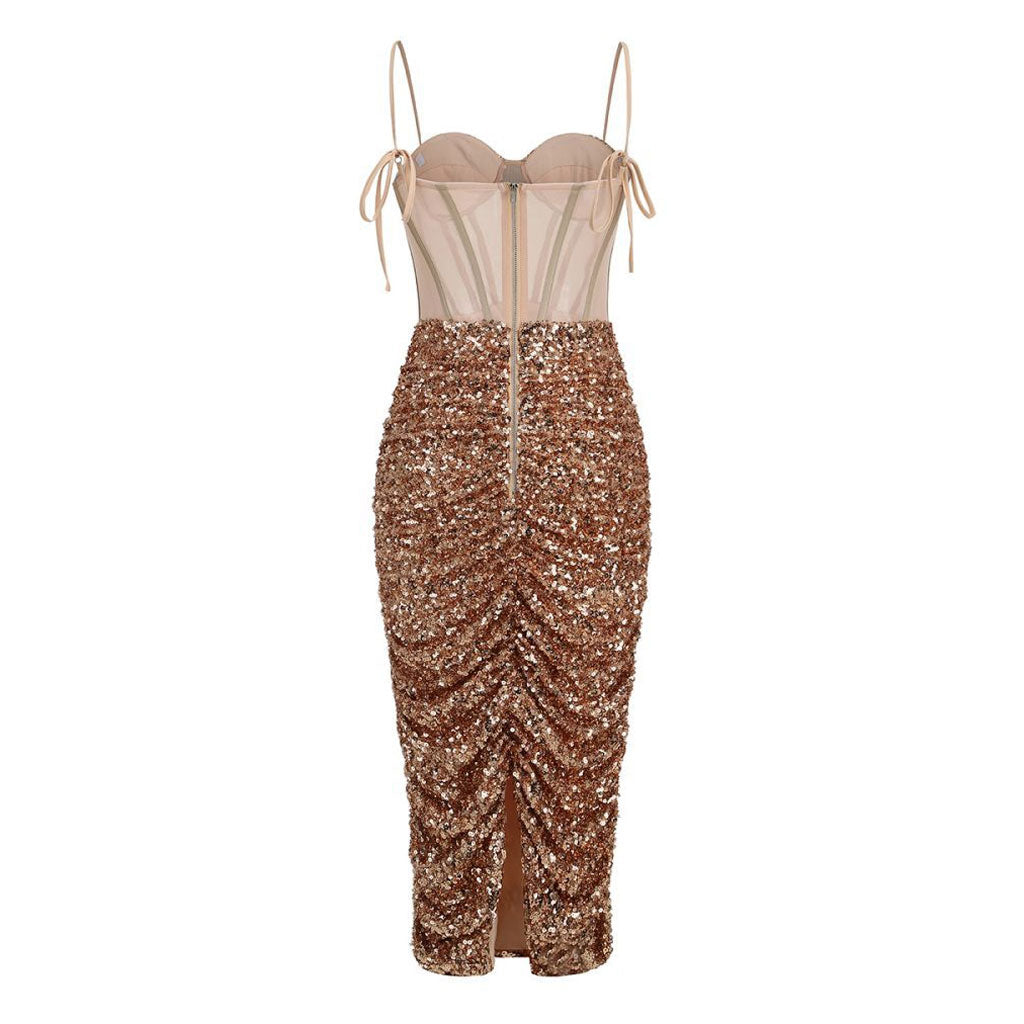 Semi Sheer Sweetheart Ruched Sequin Split Bodycon Corset Midi Cocktail Dress