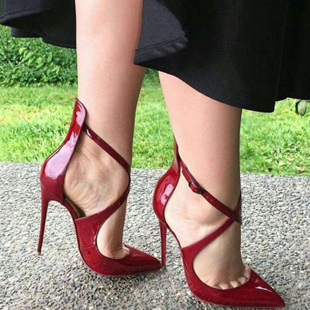 Sensual Patent Leather Cross Strap Pointed Toe Stiletto Pumps - Burgundy