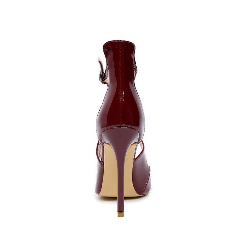 Sensual Patent Leather Cross Strap Pointed Toe Stiletto Pumps - Burgundy