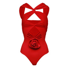 3D Flower Applique Moderate Cutout Twist V Neck Brazilian One Piece Swimsuit