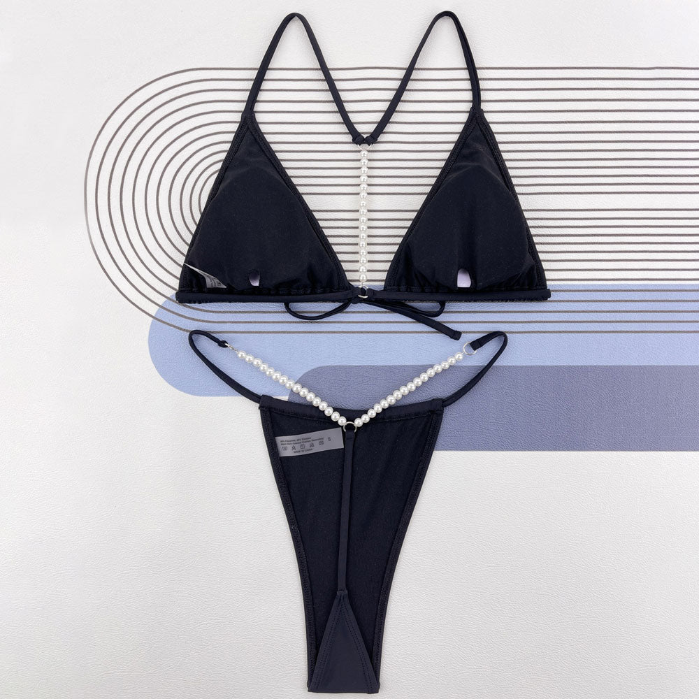 String Thang Beaded String Thong Tie Front Triangle Brazilian Two Piece Bikini Swim