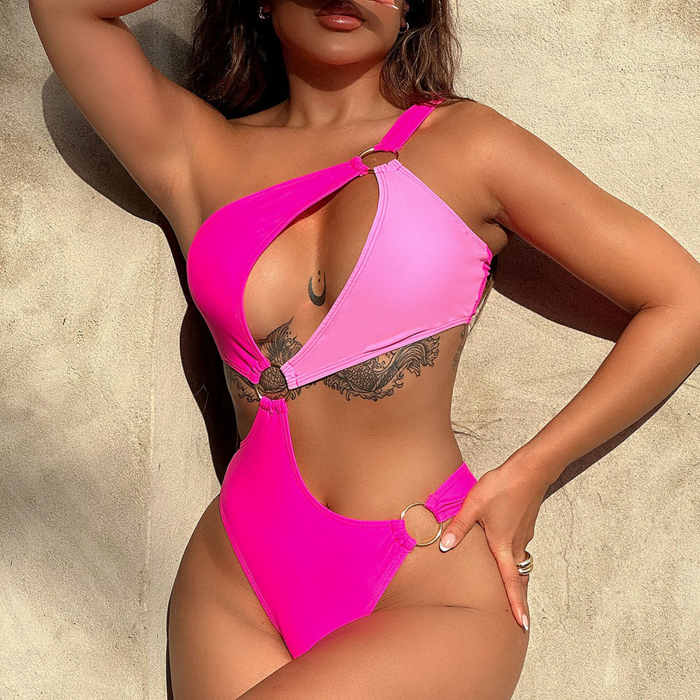 Bicolor High Leg O Ring One Shoulder Monokini Brazilian One Piece Swimsuit