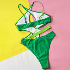 Color Block High Cut Cheeky Crossed Cutout Brazilian One Piece Swimsuit