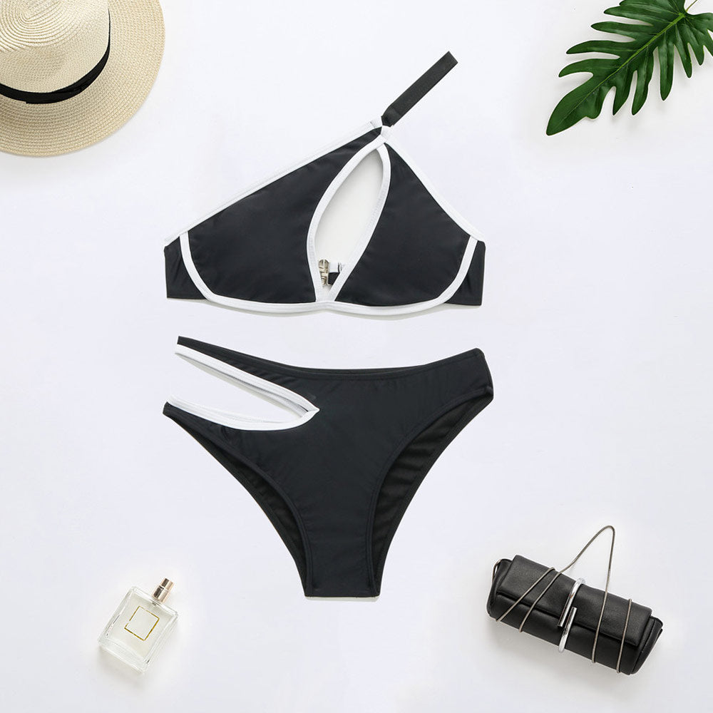 Contrast Binding Cutout One Shoulder Brazilian Two Piece Bikini Swimsuit