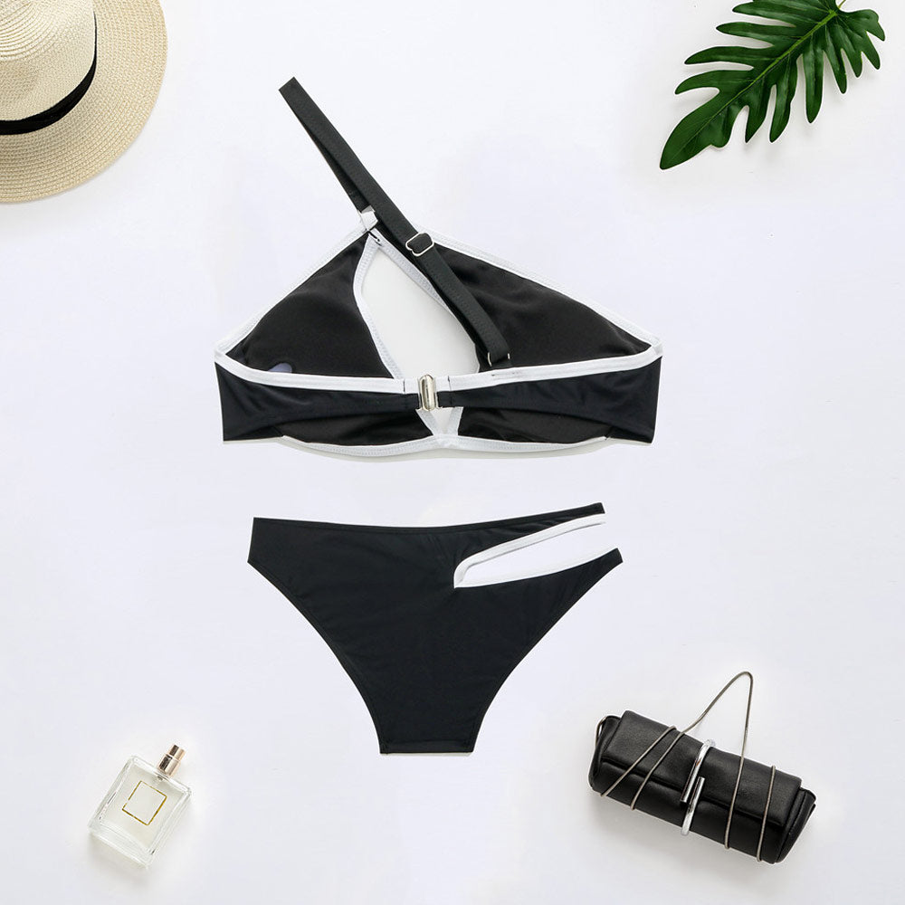 Contrast Binding Cutout One Shoulder Brazilian Two Piece Bikini Swimsuit