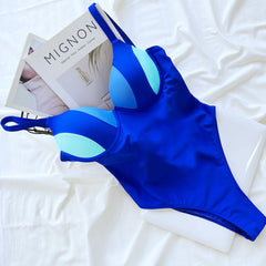 Contrast Color High Cut Plunging V Brazilian One Piece Swimsuit