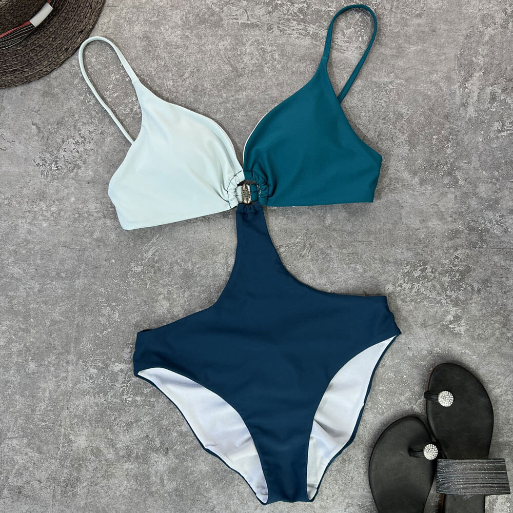 Traje de baño de una pieza brasileño monokini con escote en V profundo y aro en color de contraste