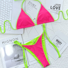 Contrast Neon Tie String Cheeky Slide Triangle Brazilian Two Piece Bikini Swimsuit