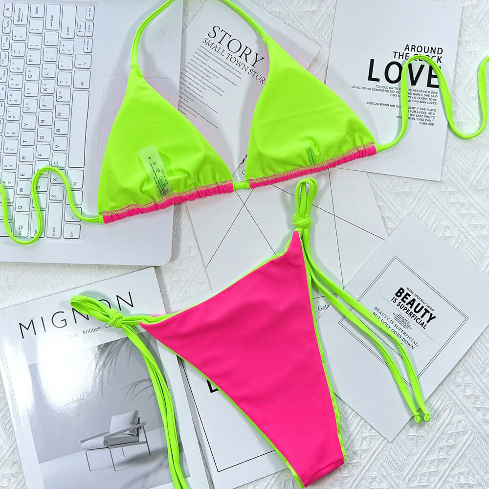 Brasilianischer Zweiteiler-Bikini-Badeanzug mit kontrastierendem Neon-String zum Binden