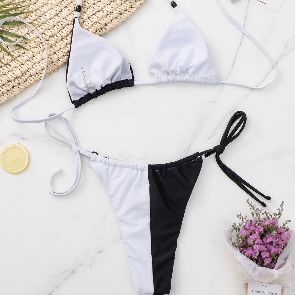 Contrast Side String Beaded Triangle Brazilian Two Piece Bikini Swimsu
