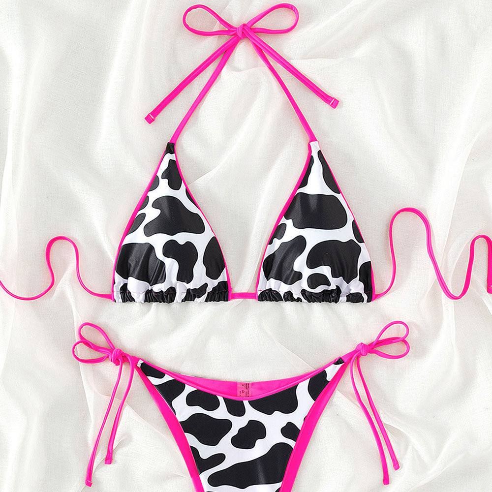 Contrast Tie String Cheeky Cow Print Triangle Brazilian Two Piece Bikini Swimsuit