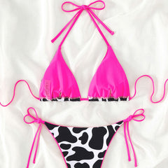 Contrast Tie String Cheeky Cow Print Triangle Brazilian Two Piece Bikini Swimsuit