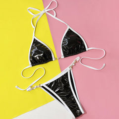 Contrast Vinyl String Cheeky Triangle Brazilian Two Piece Bikini Swimsuit