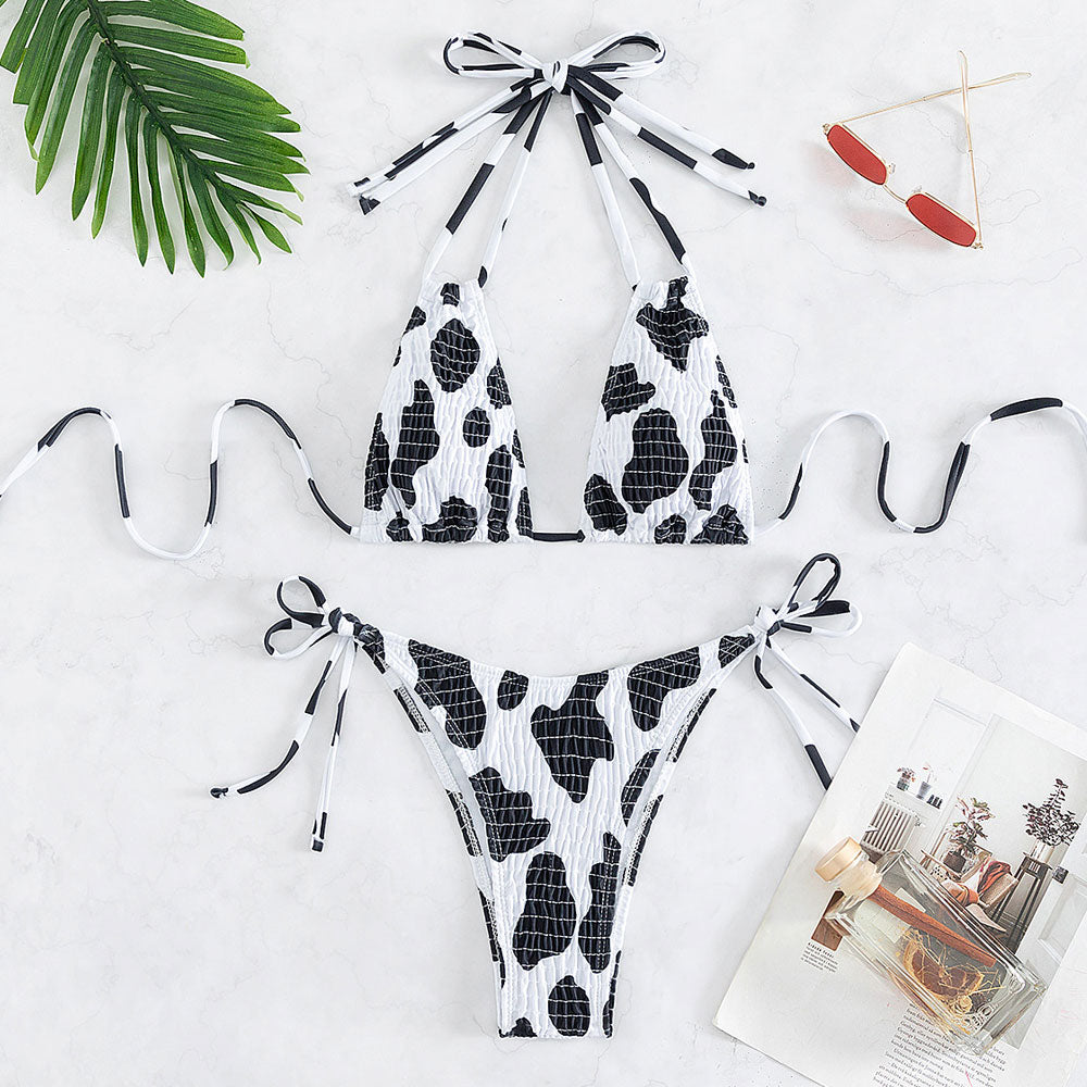 Cow Print Tie String Shirred Triangle Halter Brazilian Two Piece Bikini Swimsuit