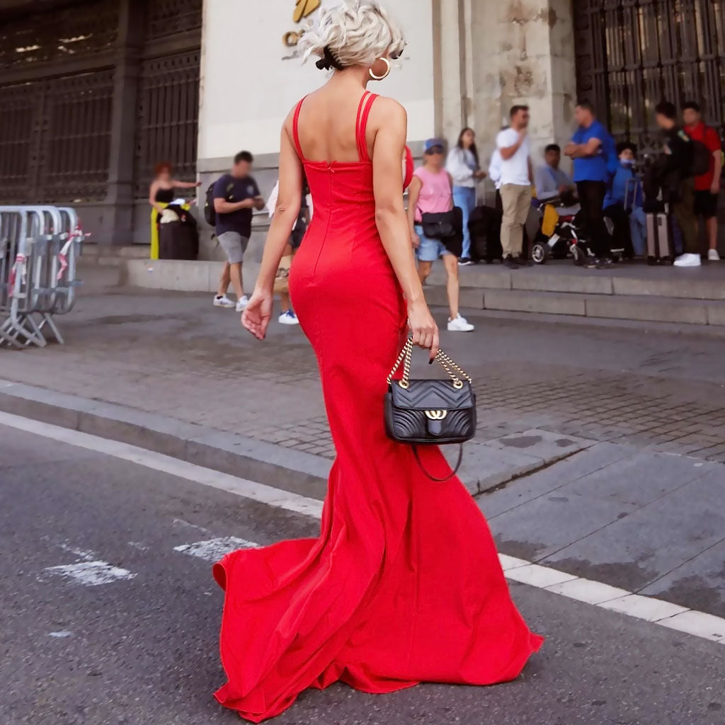 Sexy Criss Cross Braided Mesh Cutout Front Slit Maxi Evening Dress - Red