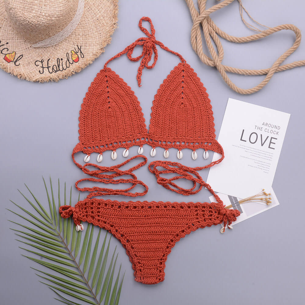 Crochet Knit Shell Trim Halter Triangle Brazilian Two Piece Bikini Swimsuit