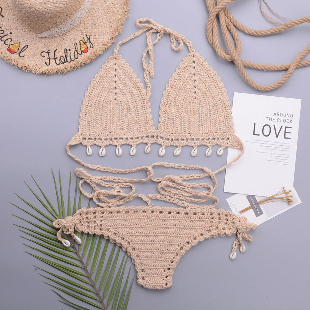 Crochet Knit Shell Trim Halter Triangle Brazilian Two Piece Bikini Swimsuit