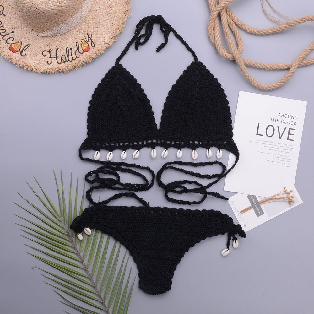 Brasilianischer zweiteiliger Bikini-Badeanzug mit Häkel-Strick-Muschelbesatz und Neckholder-Triangel