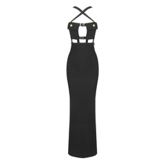 Sexy Maxi-Abendkleid mit überkreuzter Brusttasche vorne, Ausschnitt, Schnallenriemen und Schlitz