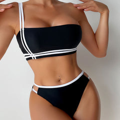 Cut Out Cheeky Contrast One Shoulder Brazilian Two Piece Bikini Swimsuit