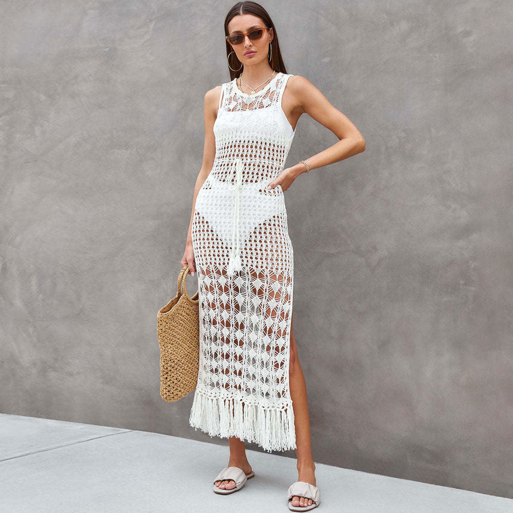 Vestido playero brasileño de crochet con abertura en la espalda y flecos laterales