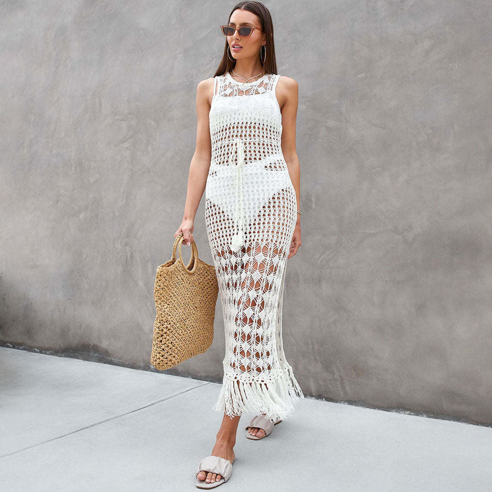 Vestido playero brasileño de crochet con abertura en la espalda y flecos laterales