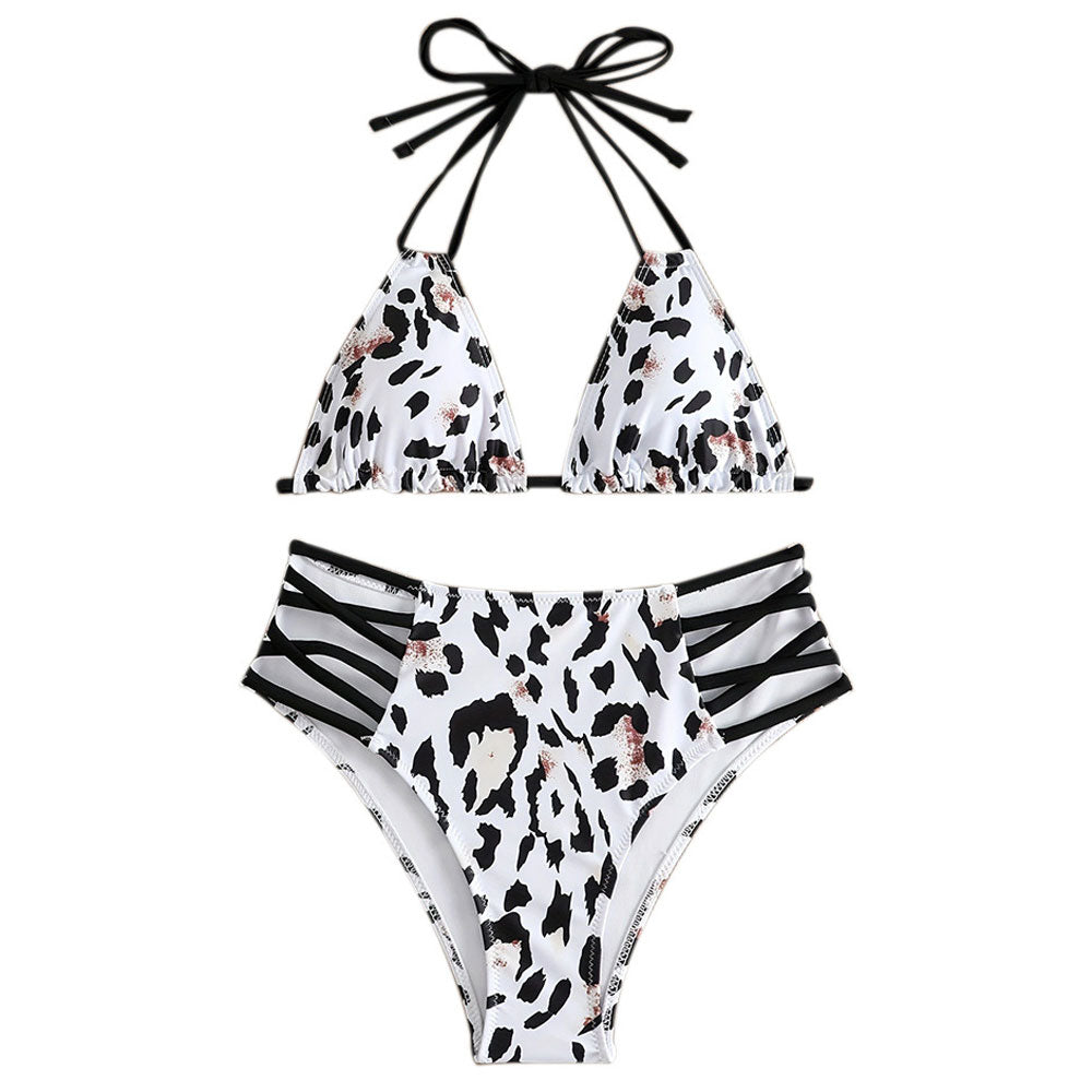 Traje de baño bikini brasileño de dos piezas con estampado de leopardo y cintura alta con tiras recortadas