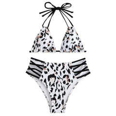 Brasilianischer zweiteiliger Bikini-Badeanzug mit Cut-Outs, Riemchen und hoher Taille sowie Leopardenmuster