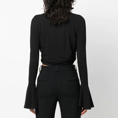 Sexy Cutout V Neck Bell Sleeve 3D Rosette Detail Ruched Crop Top