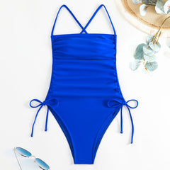 Drawstring Tie Ruched High Cut Cheeky Low Back Brazilian One Piece Swimsuit