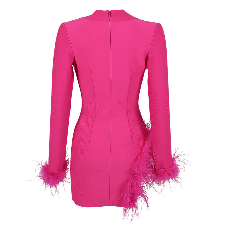 Sexy Faux Feather Trim Side Slit Shawl Collar Mini Tailored BlazerDress - Hot Pink