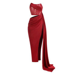 Sexy Maxi-Abendkleid mit floralem Spitzeneinsatz, plissiertem Korsett und hohem Schlitz